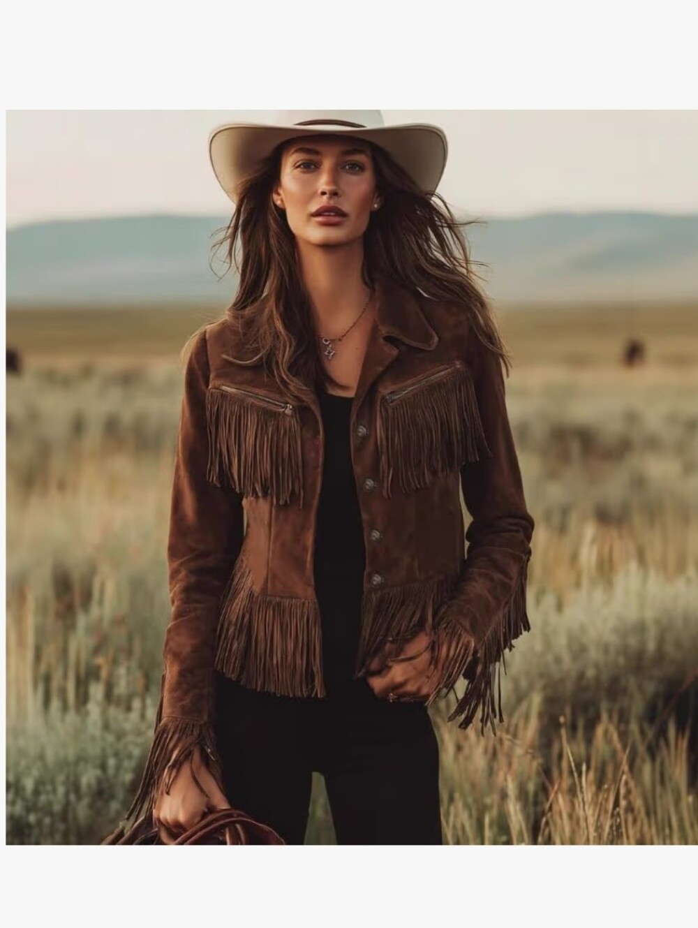 Brown Faux Suede Fringe Jacket - Women's Western Style Coat #101 - Picture 2 of 7